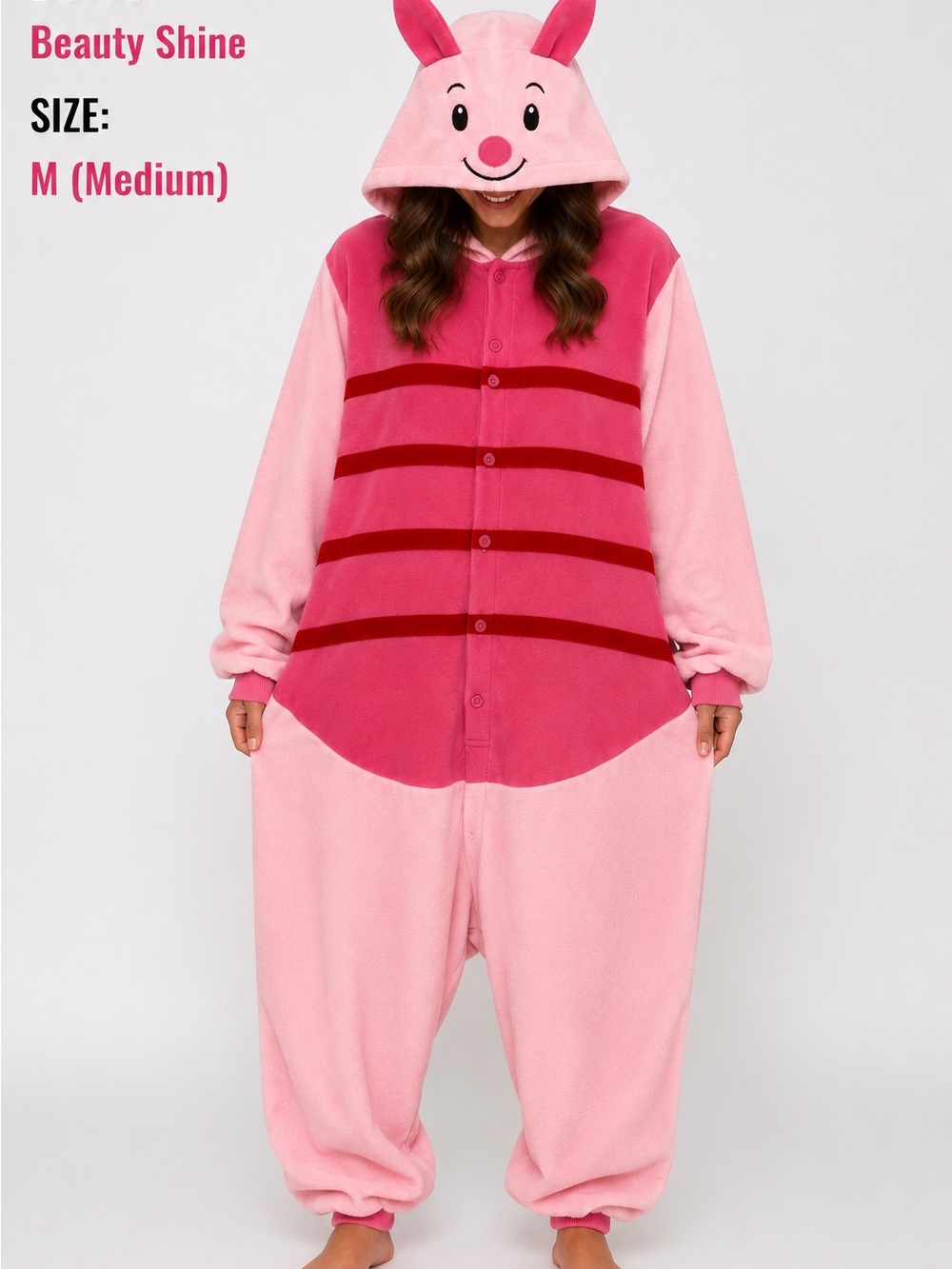 NWOT Beauty Shine Piglet Costume Adult Medium Pink Hooded Plush Fleece